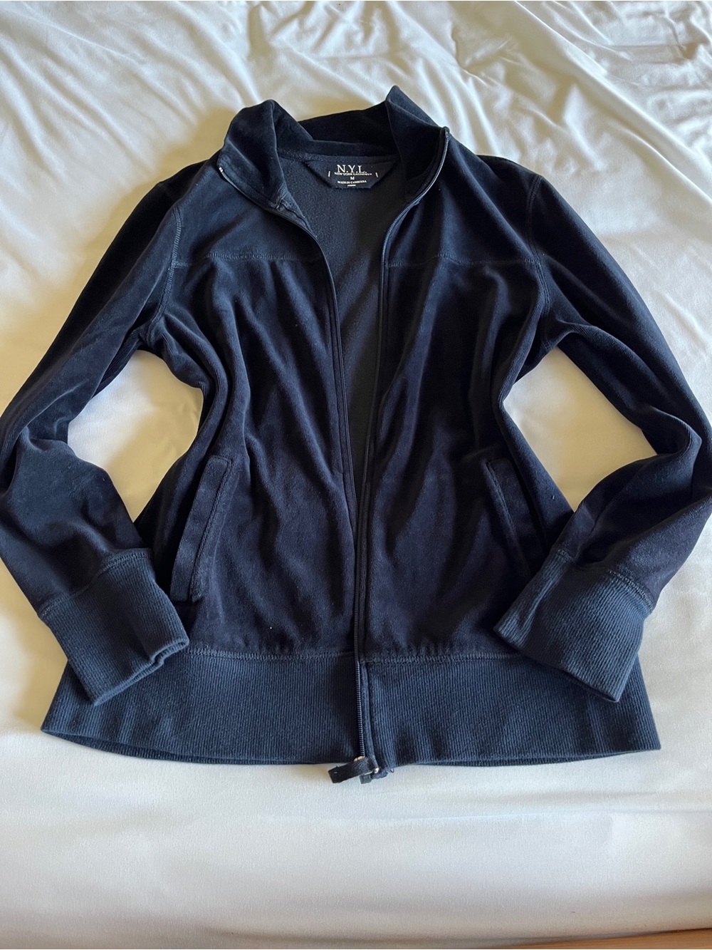 N.Y.L. New York Laundry Dark Blue Velour Full Zip Jacket Size M 75% Cotton Blend